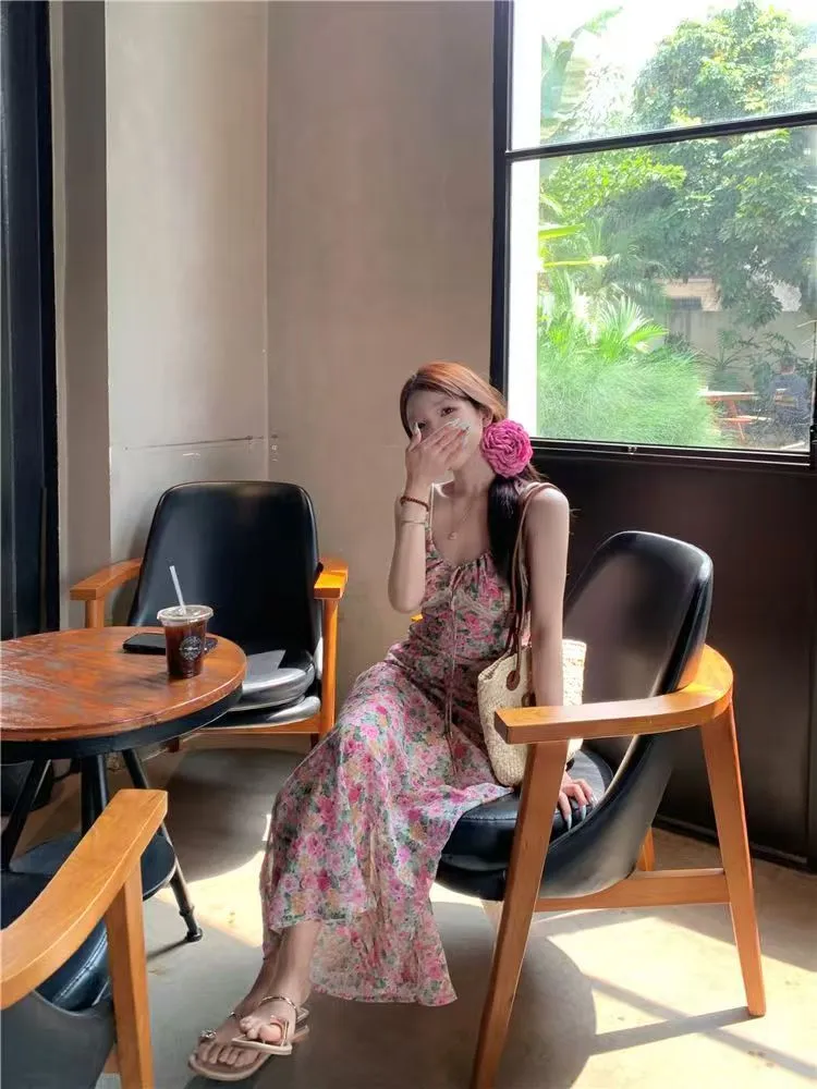 Elegant French Style Pink Floral Sling Dress for Women - Summer Waist Hip Skirt, Perfect for Seaside Holidays and Evening Wear showcase 17