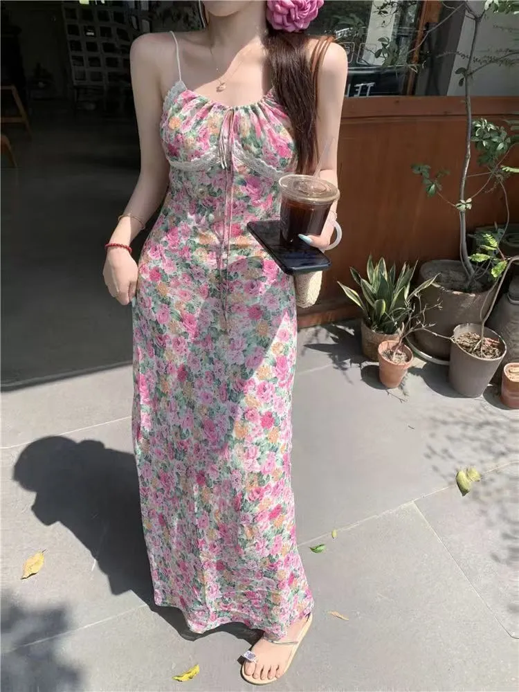 Elegant French Style Pink Floral Sling Dress for Women - Summer Waist Hip Skirt, Perfect for Seaside Holidays and Evening Wear showcase 12