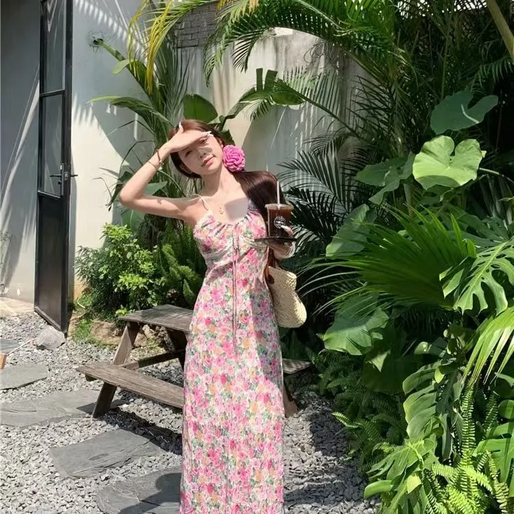 Elegant French Style Pink Floral Sling Dress for Women - Summer Waist Hip Skirt, Perfect for Seaside Holidays and Evening Wear showcase 4
