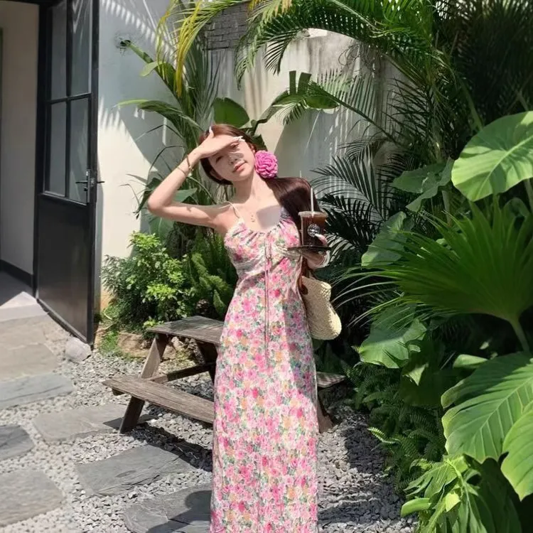 Elegant French Style Pink Floral Sling Dress for Women - Summer Waist Hip Skirt, Perfect for Seaside Holidays and Evening Wear thumbnail 4