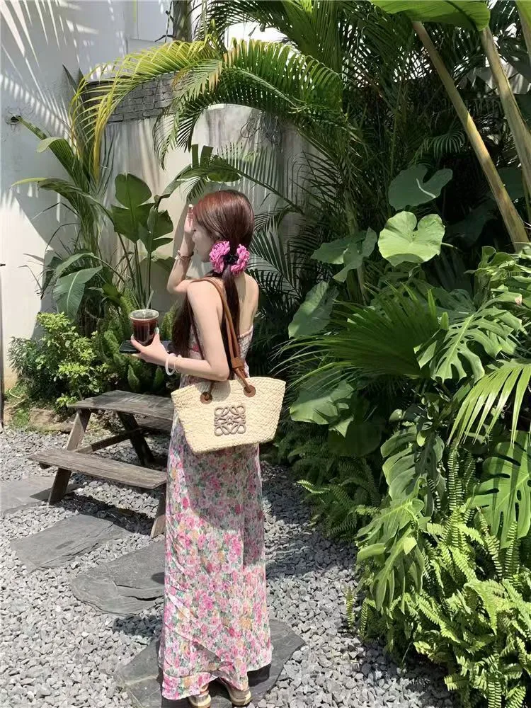 Elegant French Style Pink Floral Sling Dress for Women - Summer Waist Hip Skirt, Perfect for Seaside Holidays and Evening Wear showcase 10
