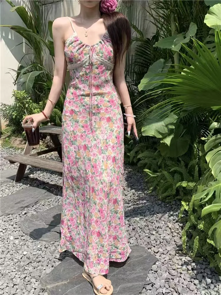 Elegant French Style Pink Floral Sling Dress for Women - Summer Waist Hip Skirt, Perfect for Seaside Holidays and Evening Wear showcase 6