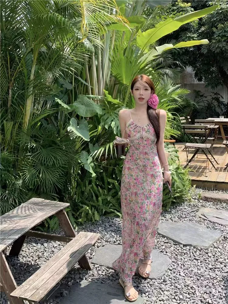 Elegant French Style Pink Floral Sling Dress for Women - Summer Waist Hip Skirt, Perfect for Seaside Holidays and Evening Wear showcase 9