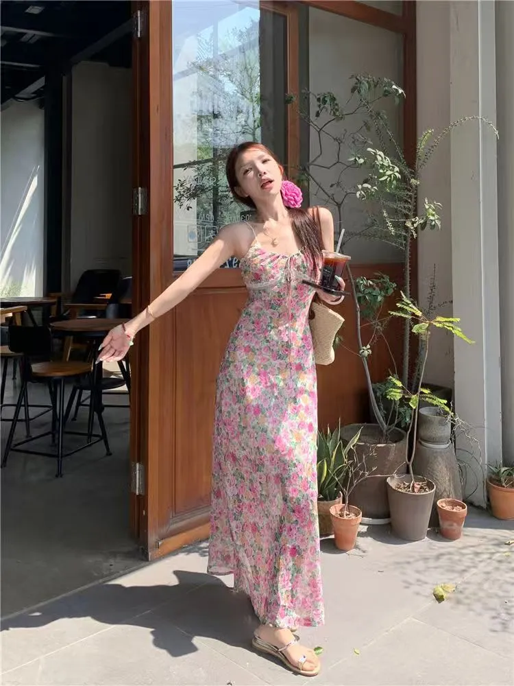 Elegant French Style Pink Floral Sling Dress for Women - Summer Waist Hip Skirt, Perfect for Seaside Holidays and Evening Wear showcase 19