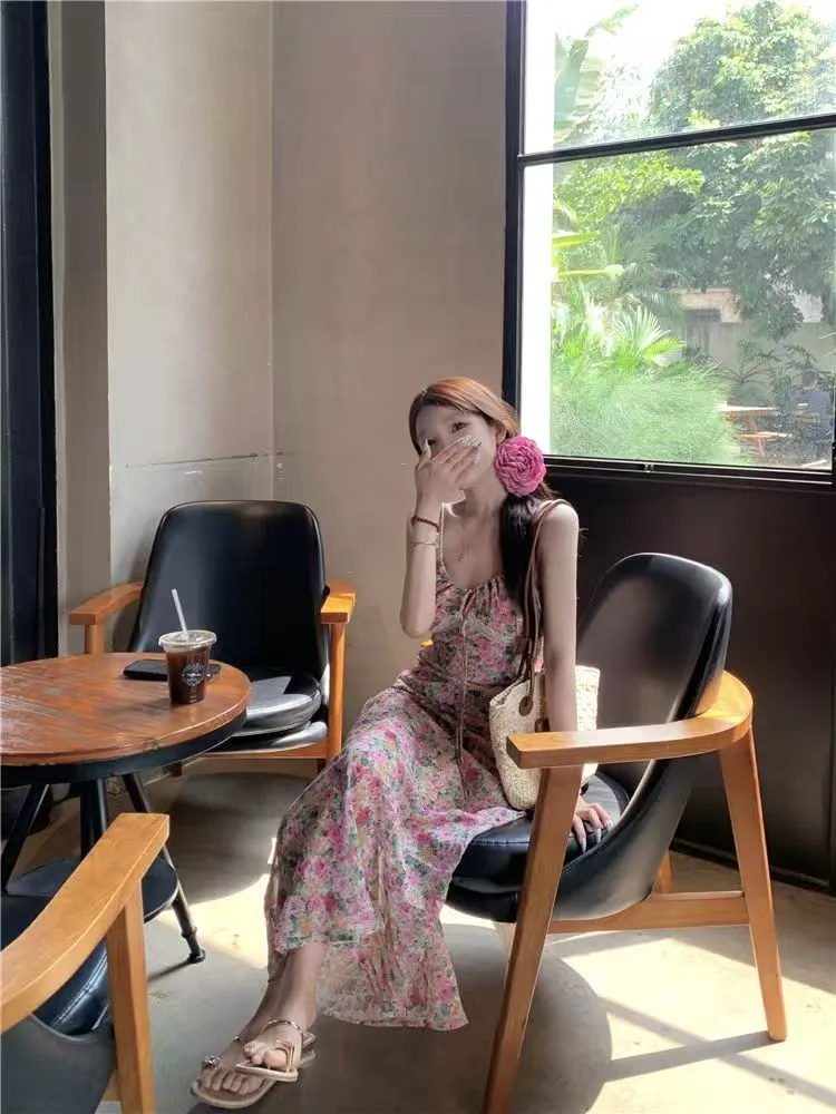 Elegant French Style Pink Floral Sling Dress for Women - Summer Waist Hip Skirt, Perfect for Seaside Holidays and Evening Wear showcase 5