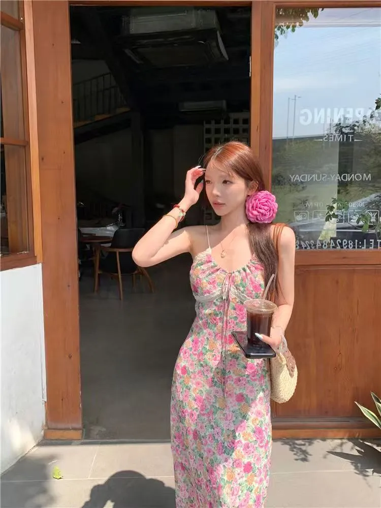 Elegant French Style Pink Floral Sling Dress for Women - Summer Waist Hip Skirt, Perfect for Seaside Holidays and Evening Wear showcase 16