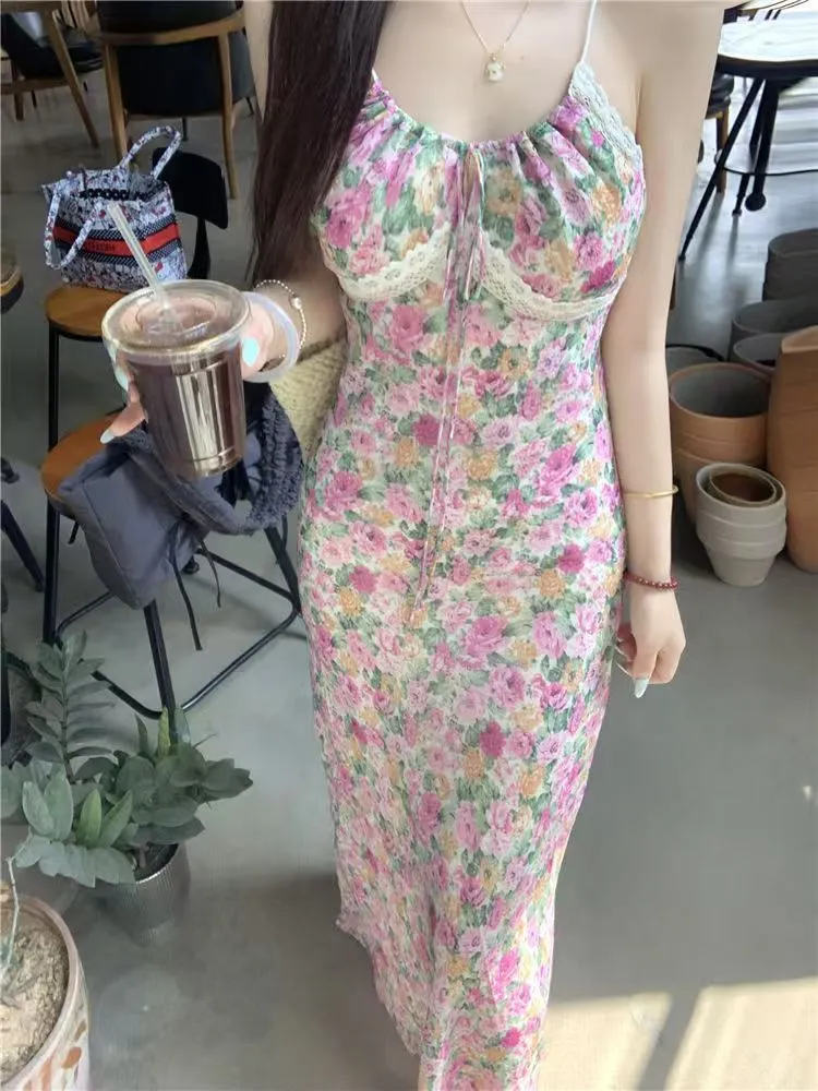 Elegant French Style Pink Floral Sling Dress for Women - Summer Waist Hip Skirt, Perfect for Seaside Holidays and Evening Wear showcase 15