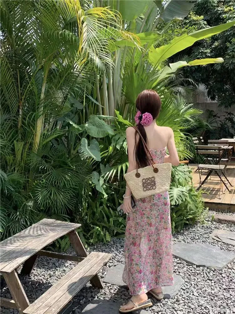 Elegant French Style Pink Floral Sling Dress for Women - Summer Waist Hip Skirt, Perfect for Seaside Holidays and Evening Wear showcase 11
