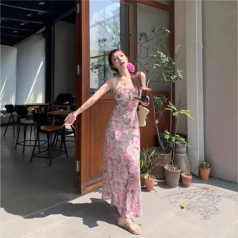 Elegant French Style Pink Floral Sling Dress for Women - Summer Waist Hip Skirt, Perfect for Seaside Holidays and Evening Wear thumbnail 1