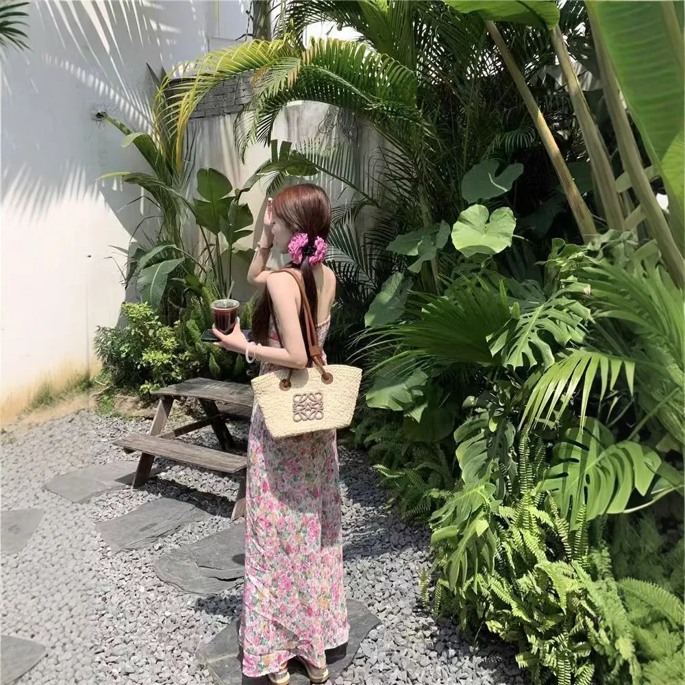 Elegant French Style Pink Floral Sling Dress for Women - Summer Waist Hip Skirt, Perfect for Seaside Holidays and Evening Wear thumbnail 3