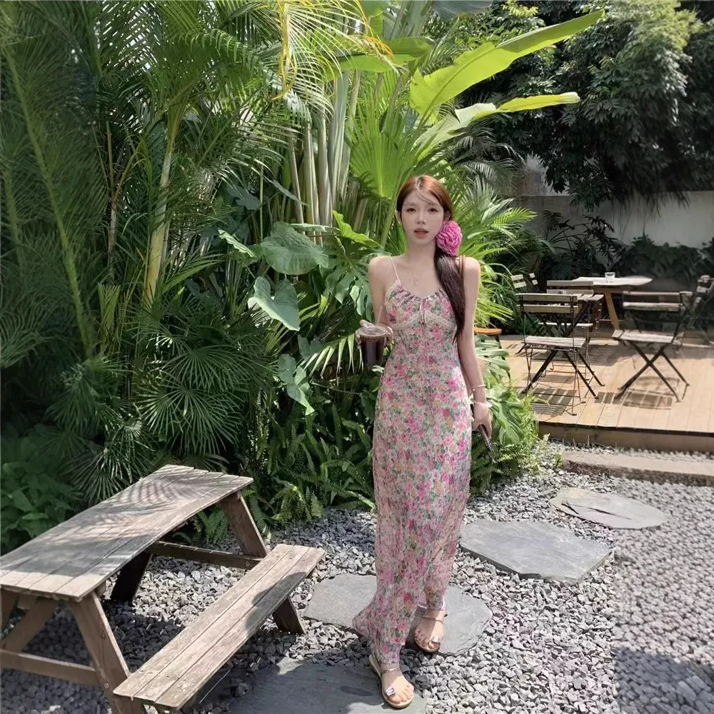 Elegant French Style Pink Floral Sling Dress for Women - Summer Waist Hip Skirt, Perfect for Seaside Holidays and Evening Wear thumbnail 2