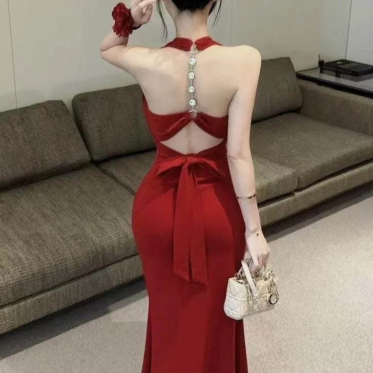Elegant Burgundy Backless Maxi Dress for Women - Slim Fit, Bodycon, Summer Fashion, Sleeveless Evening Gown thumbnail 4