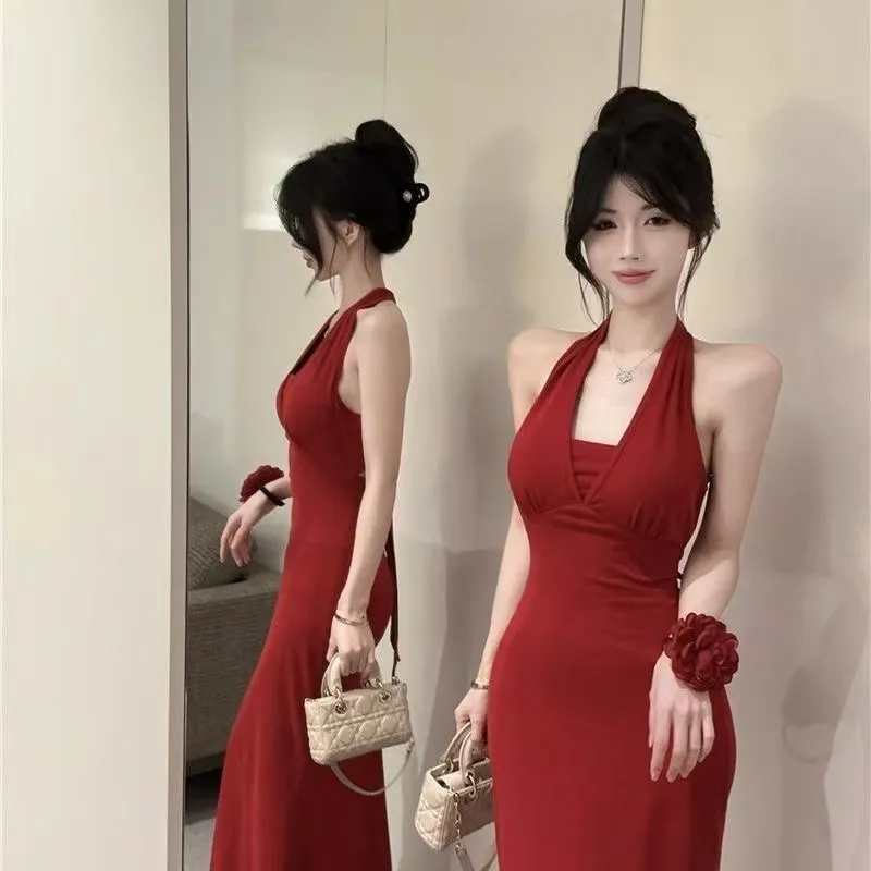 Elegant Burgundy Backless Maxi Dress for Women - Slim Fit, Bodycon, Summer Fashion, Sleeveless Evening Gown showcase 1