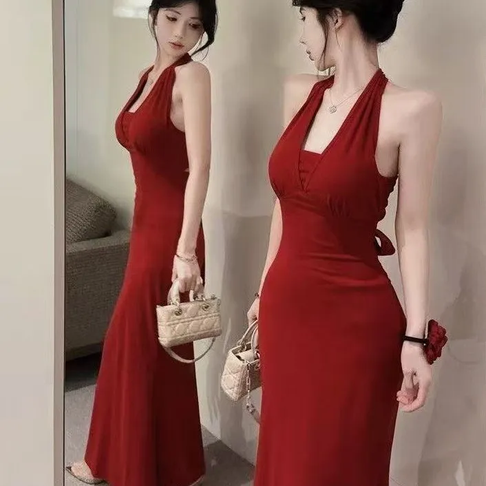 Elegant Burgundy Backless Maxi Dress for Women - Slim Fit, Bodycon, Summer Fashion, Sleeveless Evening Gown thumbnail 5