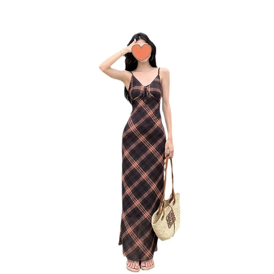 Vintage French Style Plaid Sling Dress for Women - Slim-fit, Mid-length A-line Mesh Gauze Hip-Wrap Mummy Dress for Summer Fashion thumbnail 5