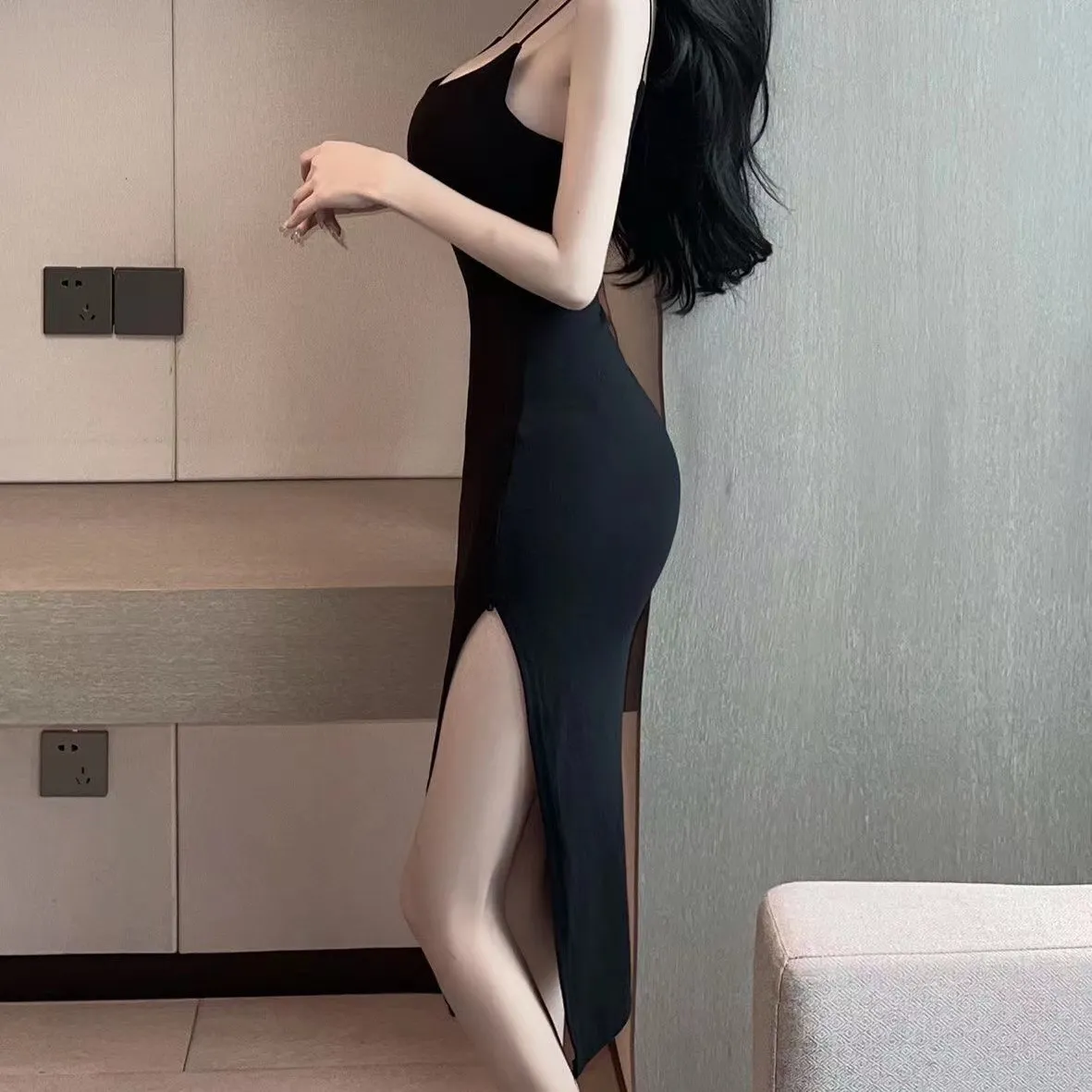 Women's French Style Summer Mid-Length Slim-Fit Bodycon Slip Dress with Waist-Cinching Slit, Elegant Personality Design for Evening Wear showcase 3