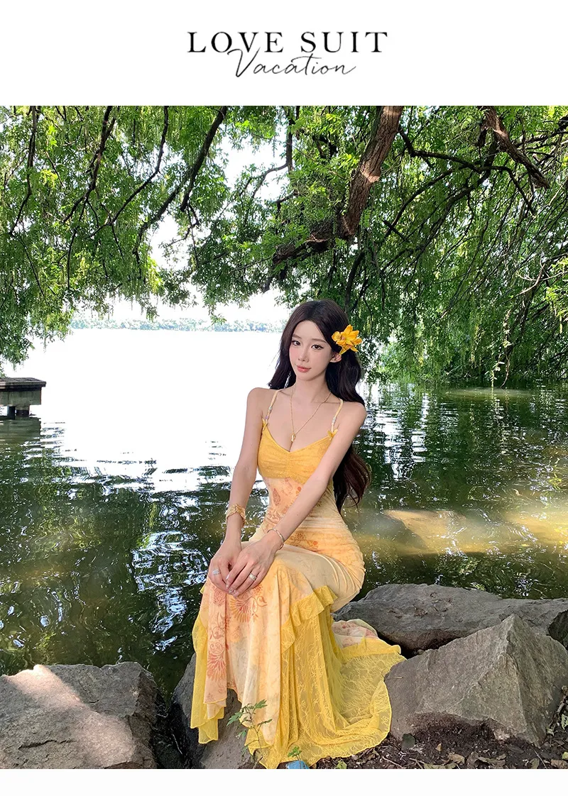 Women's Sexy Yellow Mesh Print Long Dress - Slim Fit Hip-Covering Sundress for Summer Seaside Vacation showcase 16
