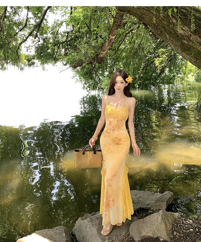 Women's Sexy Yellow Mesh Print Long Dress - Slim Fit Hip-Covering Sundress for Summer Seaside Vacation showcase 10