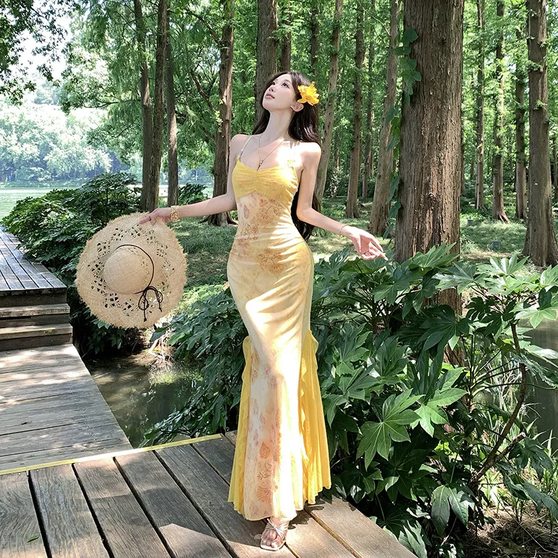Women's Sexy Yellow Mesh Print Long Dress - Slim Fit Hip-Covering Sundress for Summer Seaside Vacation thumbnail 1