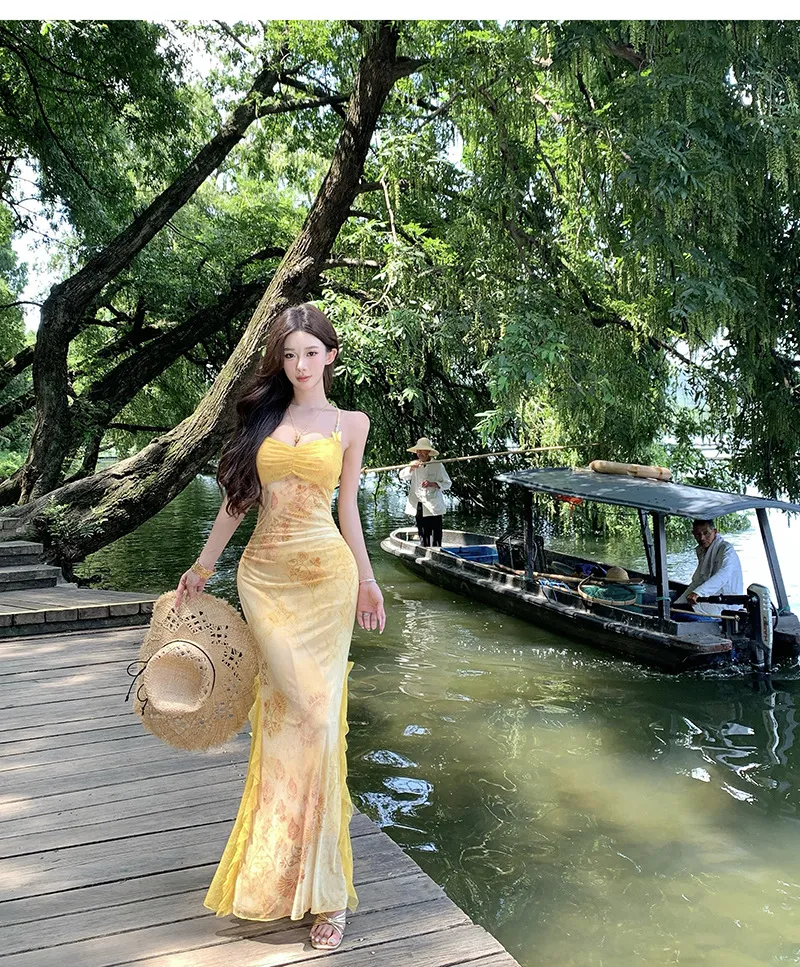 Women's Sexy Yellow Mesh Print Long Dress - Slim Fit Hip-Covering Sundress for Summer Seaside Vacation showcase 11
