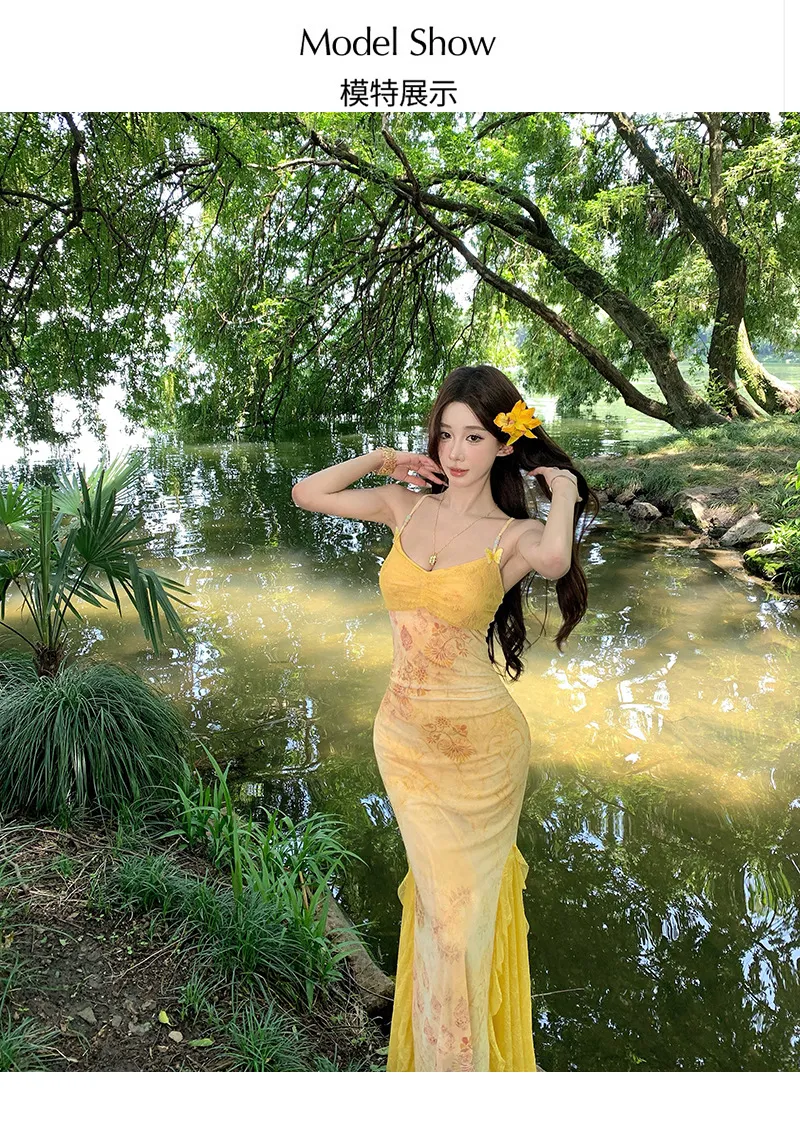 Women's Sexy Yellow Mesh Print Long Dress - Slim Fit Hip-Covering Sundress for Summer Seaside Vacation showcase 1