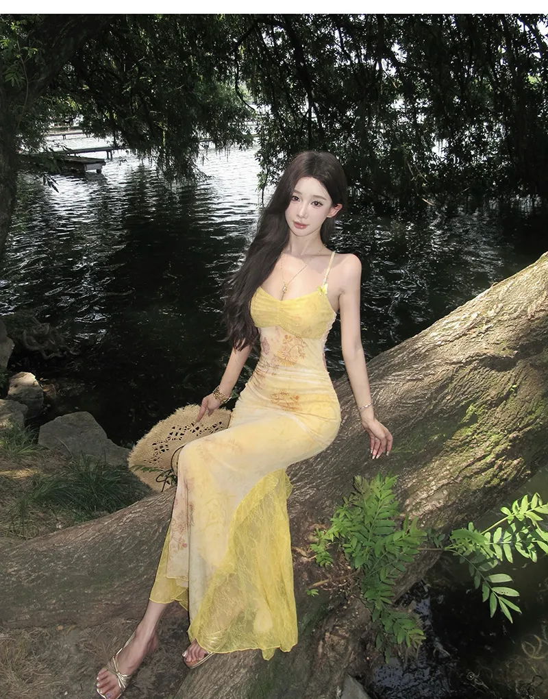 Women's Sexy Yellow Mesh Print Long Dress - Slim Fit Hip-Covering Sundress for Summer Seaside Vacation showcase 3