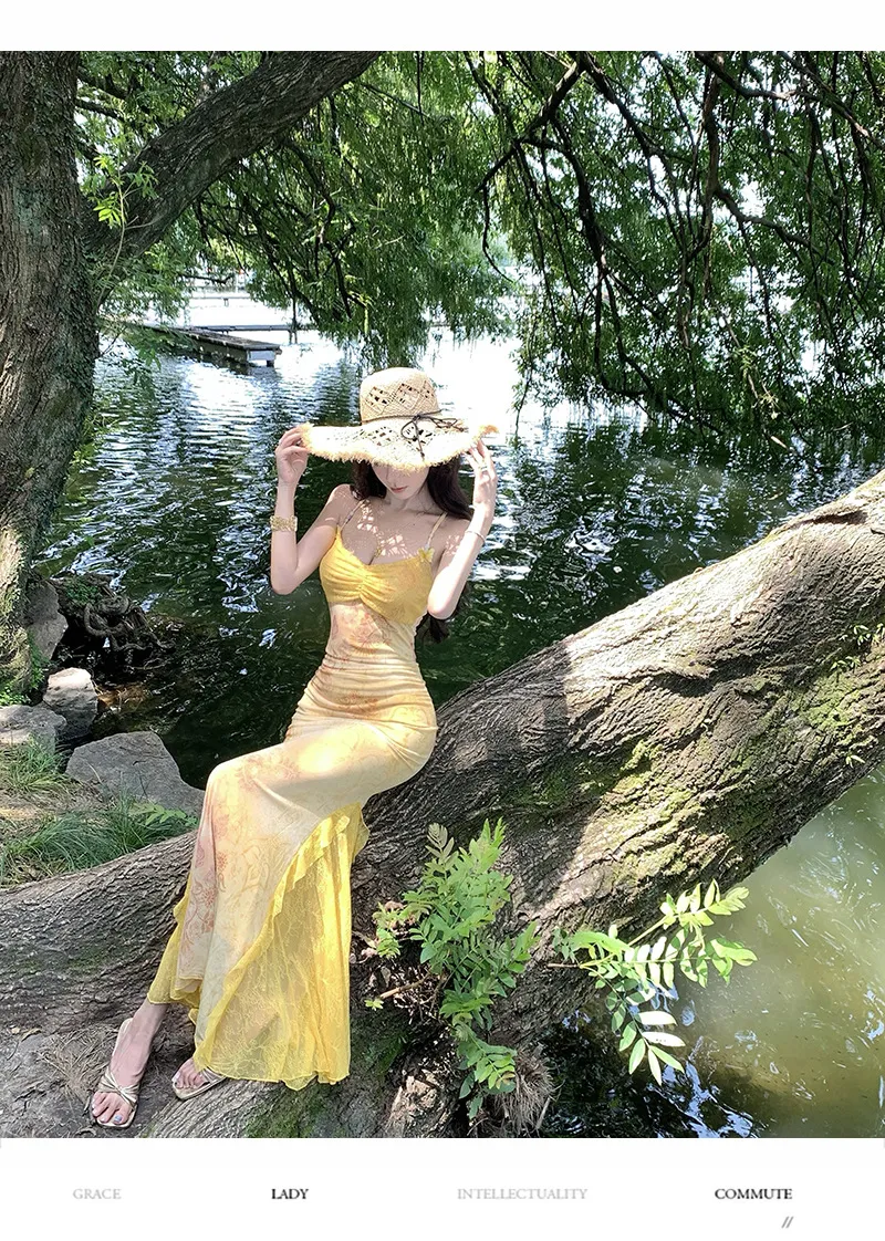 Women's Sexy Yellow Mesh Print Long Dress - Slim Fit Hip-Covering Sundress for Summer Seaside Vacation showcase 12