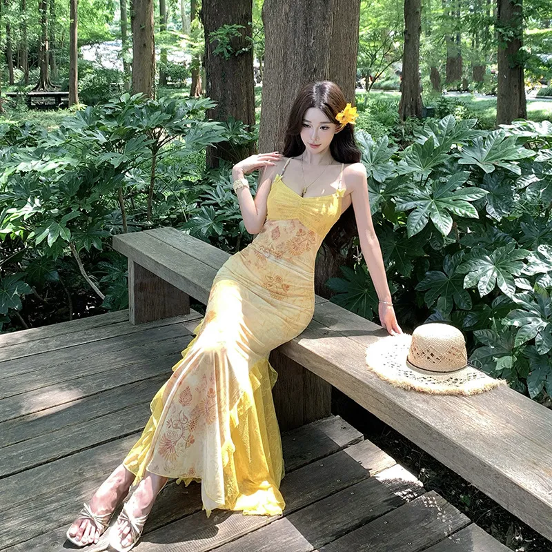 Women's Sexy Yellow Mesh Print Long Dress - Slim Fit Hip-Covering Sundress for Summer Seaside Vacation thumbnail 3