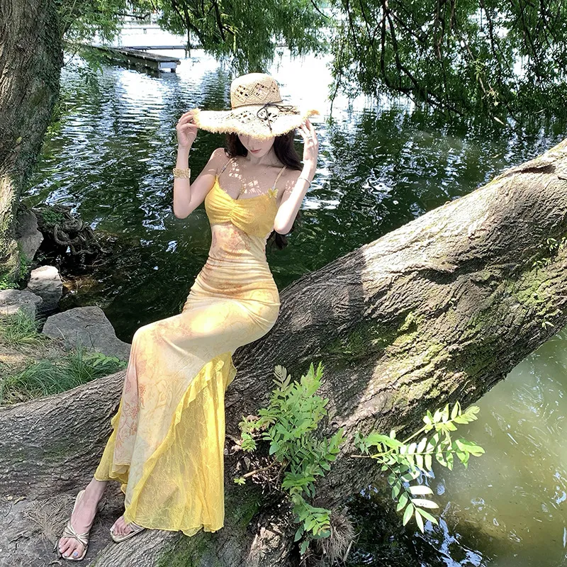 Women's Sexy Yellow Mesh Print Long Dress - Slim Fit Hip-Covering Sundress for Summer Seaside Vacation thumbnail 5