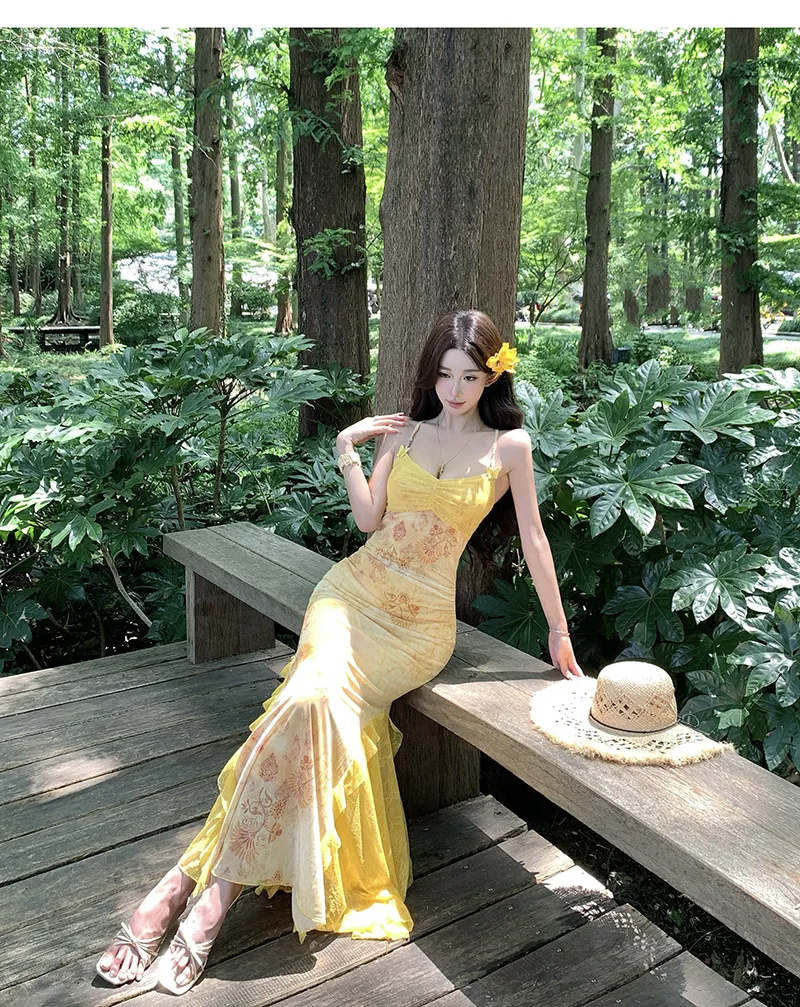 Women's Sexy Yellow Mesh Print Long Dress - Slim Fit Hip-Covering Sundress for Summer Seaside Vacation showcase 7