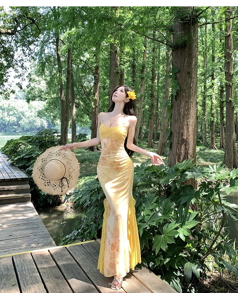 Women's Sexy Yellow Mesh Print Long Dress - Slim Fit Hip-Covering Sundress for Summer Seaside Vacation showcase 2