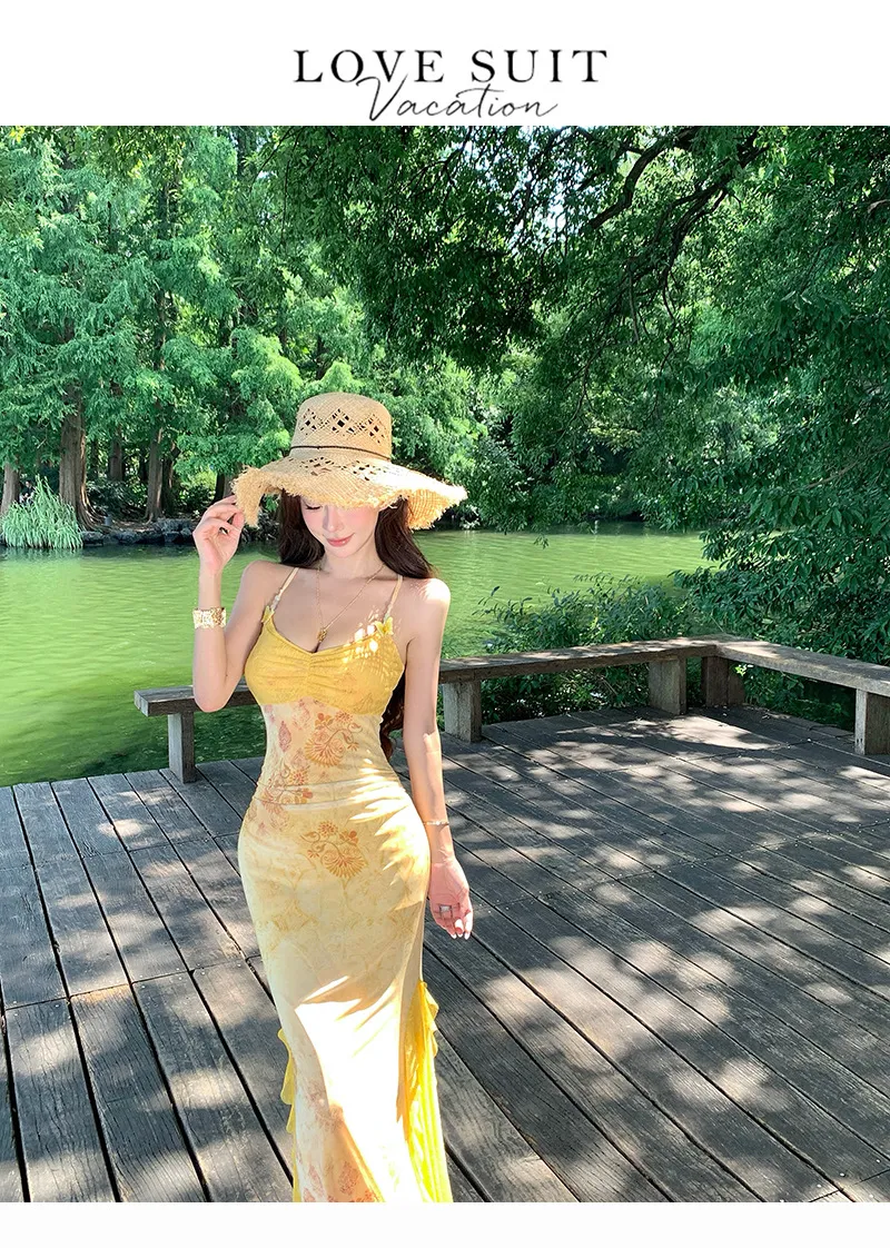 Women's Sexy Yellow Mesh Print Long Dress - Slim Fit Hip-Covering Sundress for Summer Seaside Vacation showcase 4