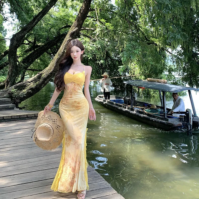 Women's Sexy Yellow Mesh Print Long Dress - Slim Fit Hip-Covering Sundress for Summer Seaside Vacation thumbnail 4