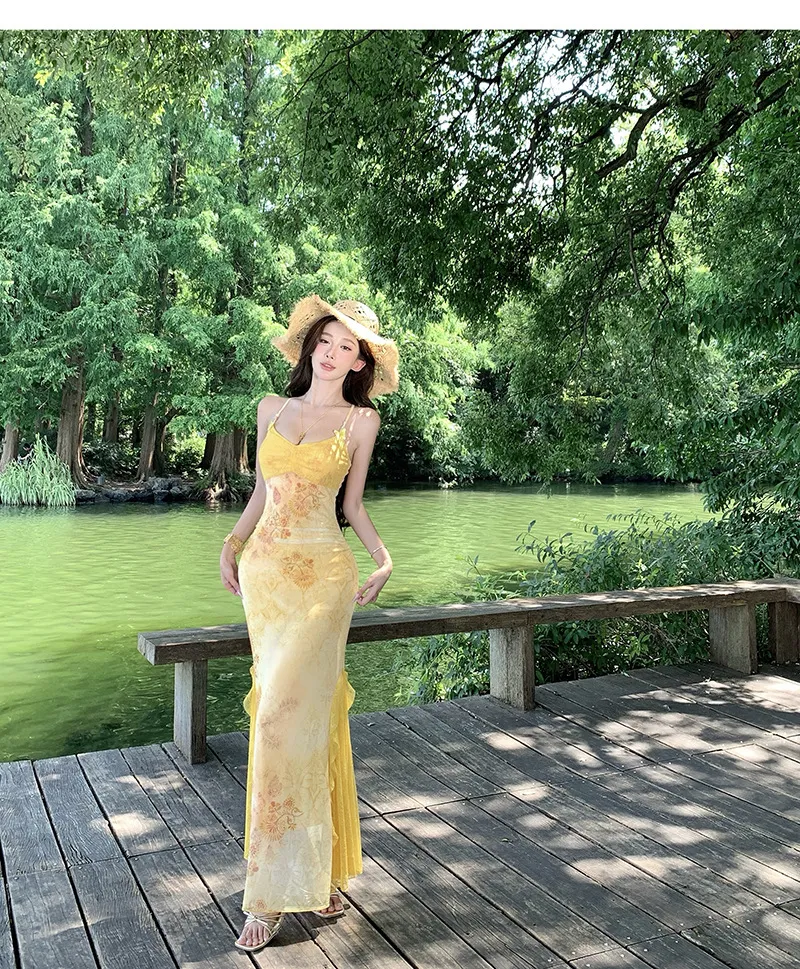 Women's Sexy Yellow Mesh Print Long Dress - Slim Fit Hip-Covering Sundress for Summer Seaside Vacation showcase 15