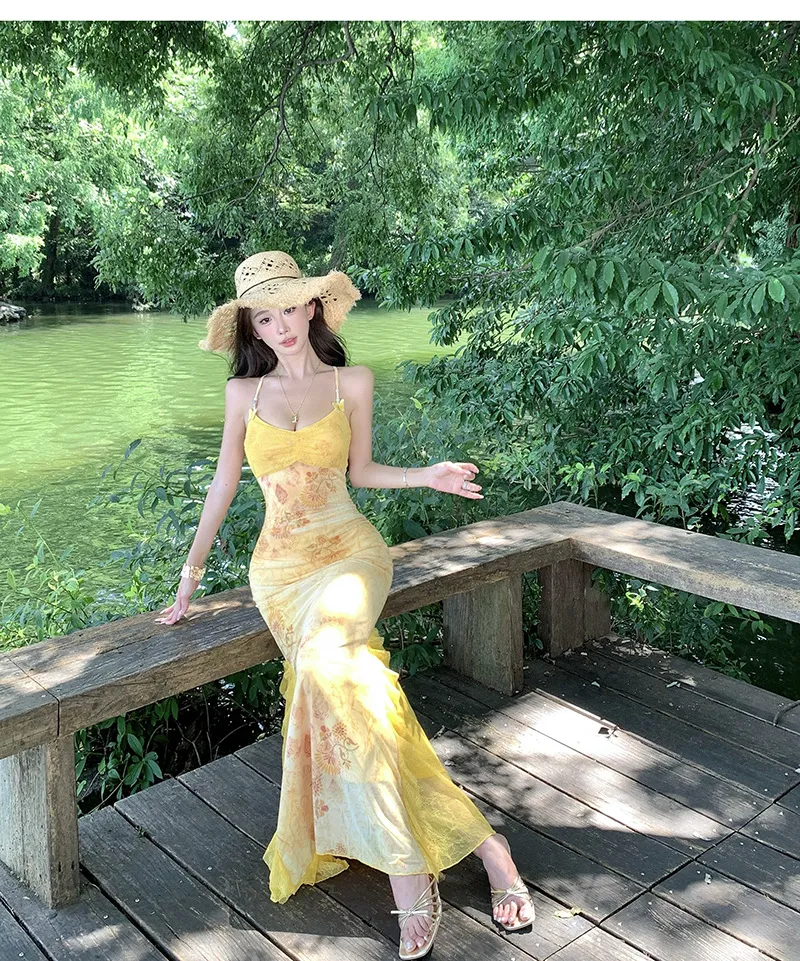 Women's Sexy Yellow Mesh Print Long Dress - Slim Fit Hip-Covering Sundress for Summer Seaside Vacation showcase 6
