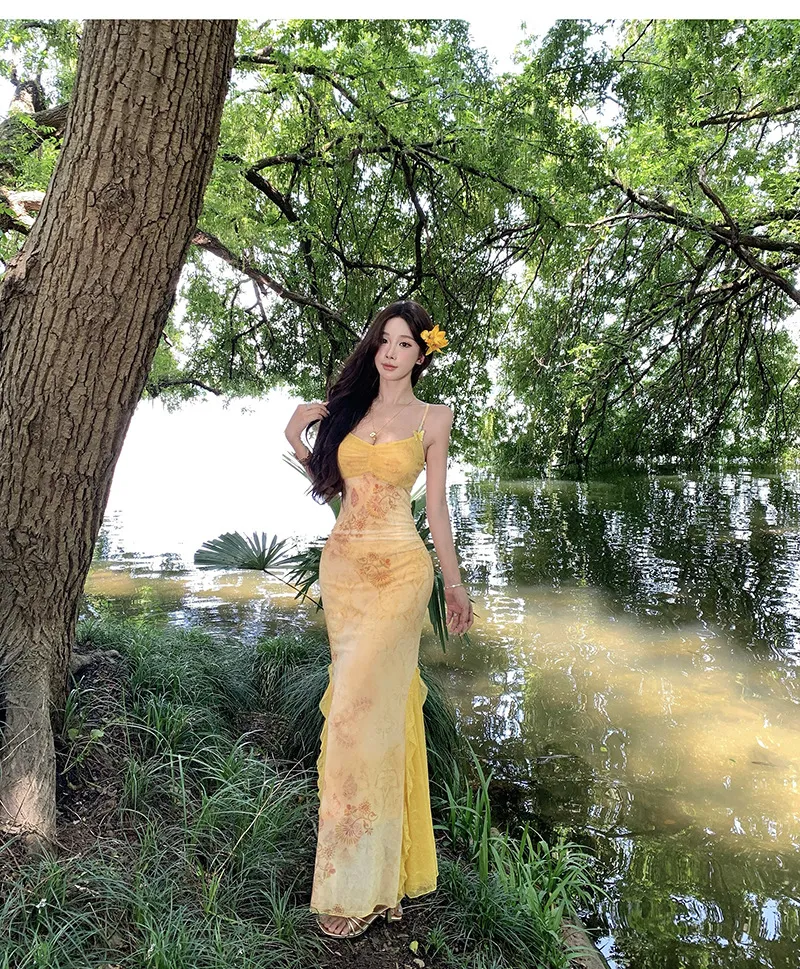 Women's Sexy Yellow Mesh Print Long Dress - Slim Fit Hip-Covering Sundress for Summer Seaside Vacation showcase 13
