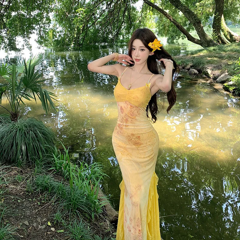 Women's Sexy Yellow Mesh Print Long Dress - Slim Fit Hip-Covering Sundress for Summer Seaside Vacation thumbnail 2