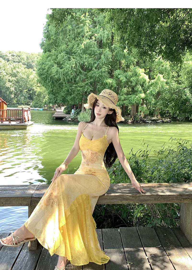 Women's Sexy Yellow Mesh Print Long Dress - Slim Fit Hip-Covering Sundress for Summer Seaside Vacation showcase 17