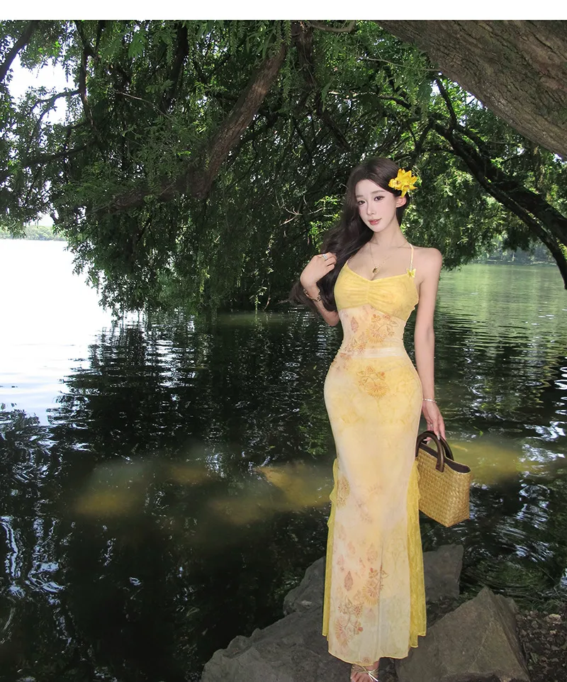 Women's Sexy Yellow Mesh Print Long Dress - Slim Fit Hip-Covering Sundress for Summer Seaside Vacation showcase 5