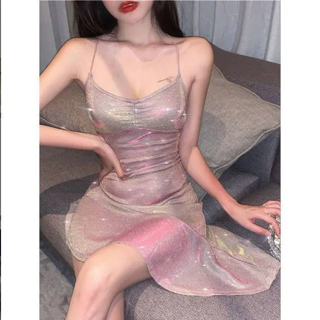 2025 Thai Sexy Shiny Silk Glitter Backless Slip Skirt Irregular Fishtail High Waist Slim Fit Hip Dress for Women thumbnail 6