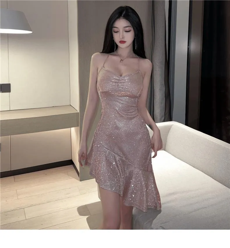 2025 Thai Sexy Shiny Silk Glitter Backless Slip Skirt Irregular Fishtail High Waist Slim Fit Hip Dress for Women showcase 3