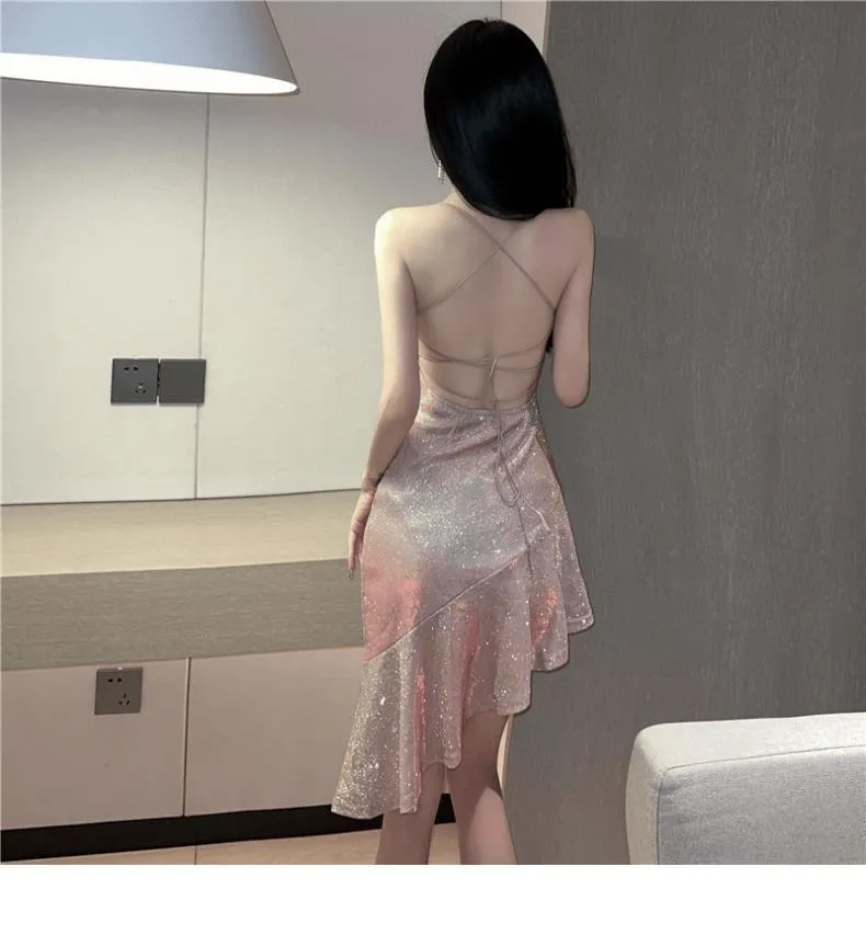 2025 Thai Sexy Shiny Silk Glitter Backless Slip Skirt Irregular Fishtail High Waist Slim Fit Hip Dress for Women showcase 9