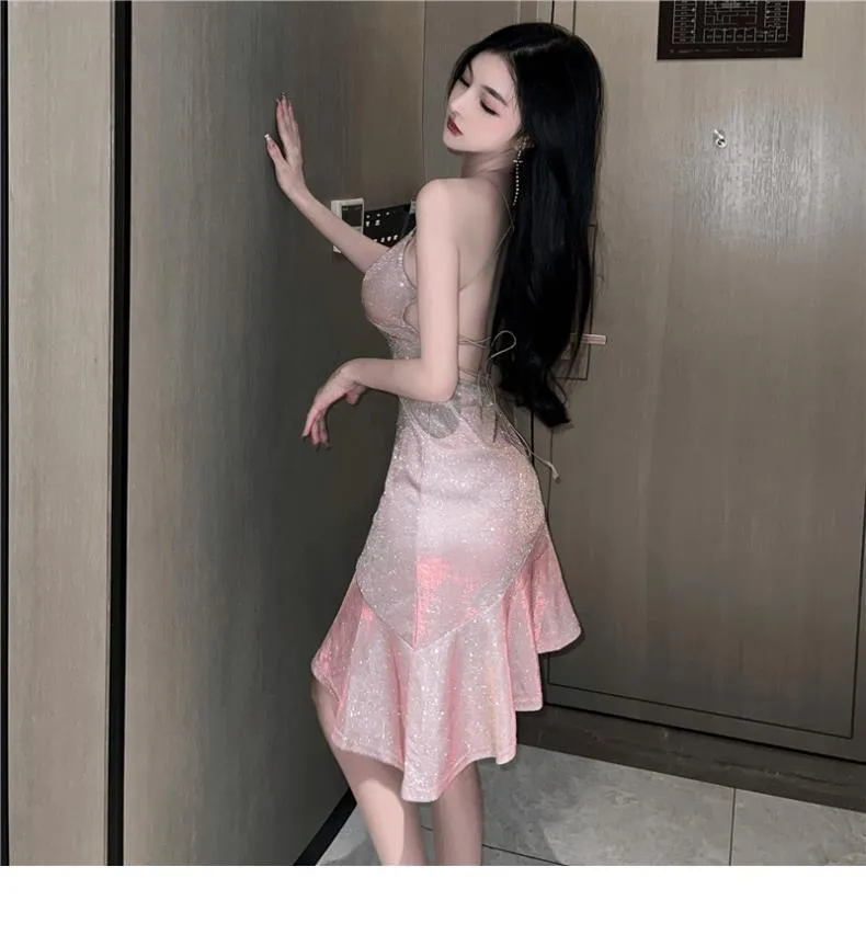 2025 Thai Sexy Shiny Silk Glitter Backless Slip Skirt Irregular Fishtail High Waist Slim Fit Hip Dress for Women showcase 8