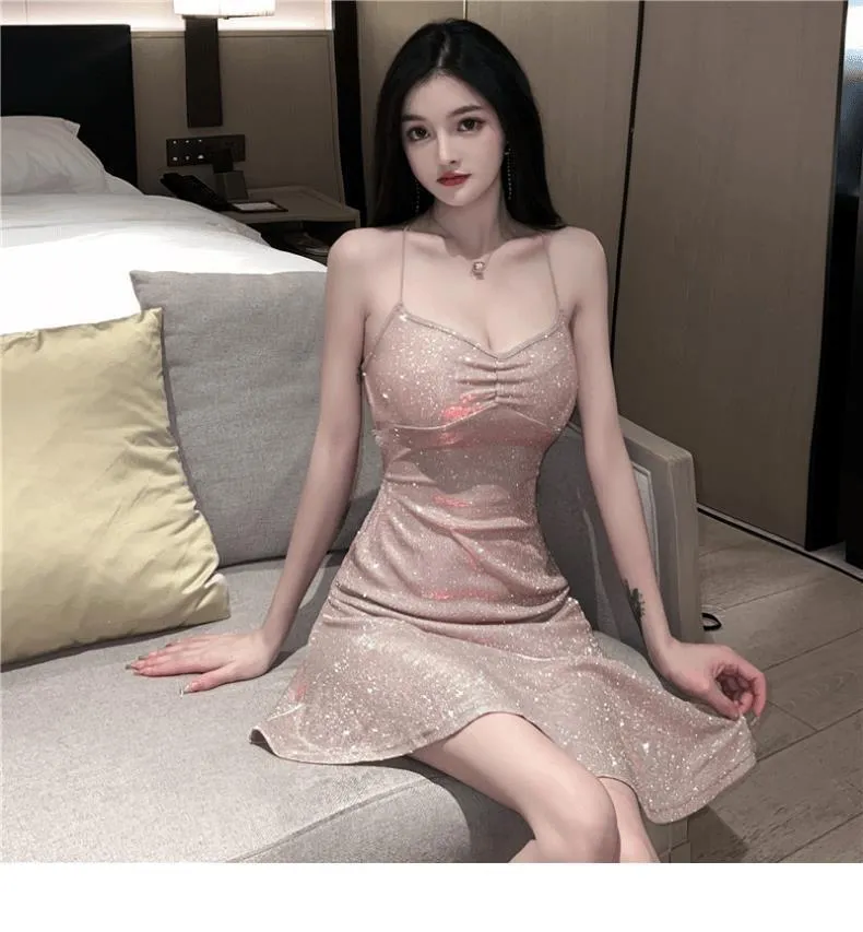 2025 Thai Sexy Shiny Silk Glitter Backless Slip Skirt Irregular Fishtail High Waist Slim Fit Hip Dress for Women showcase 4