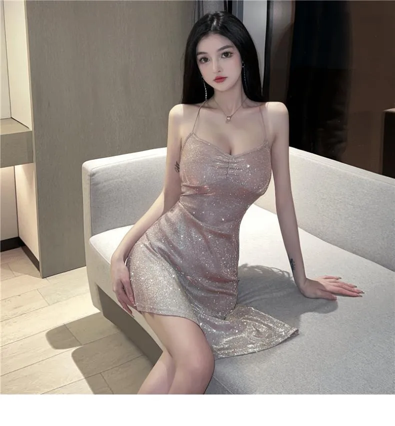 2025 Thai Sexy Shiny Silk Glitter Backless Slip Skirt Irregular Fishtail High Waist Slim Fit Hip Dress for Women showcase 5
