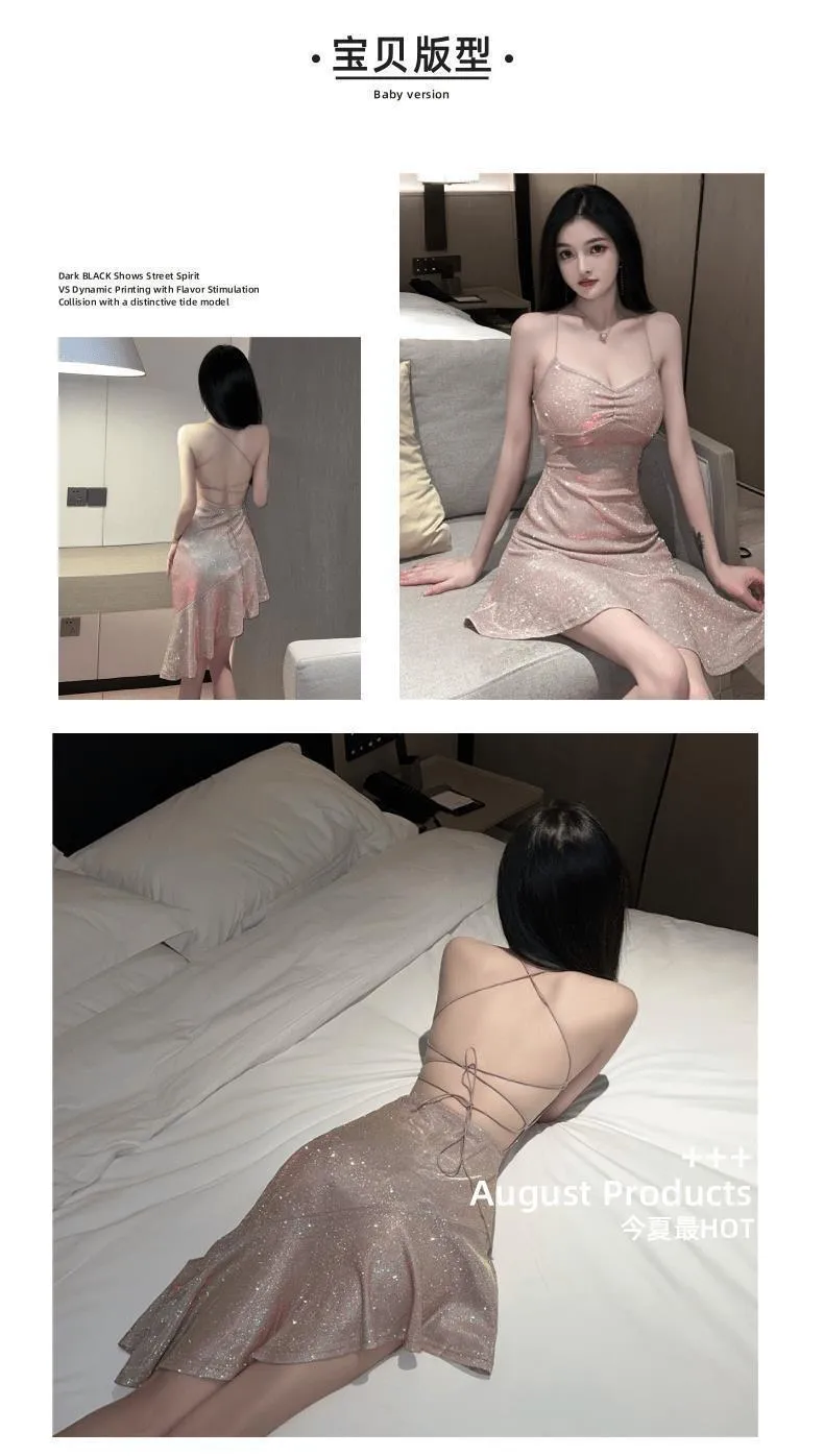 2025 Thai Sexy Shiny Silk Glitter Backless Slip Skirt Irregular Fishtail High Waist Slim Fit Hip Dress for Women showcase 1