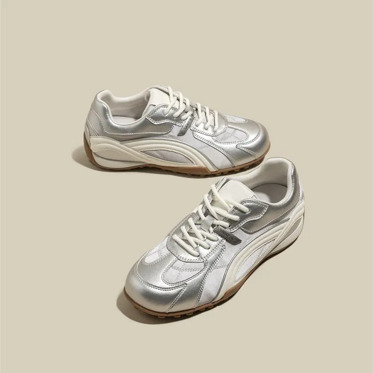 Women's Silver German Trainer Sneakers 2026 New Spring Soft Leather Sports Casual Shoes with Hidden Height Increase thumbnail 1