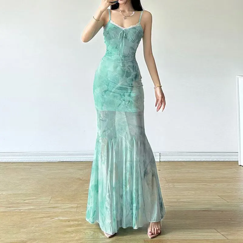 Light Green Butterfly Print Mesh Sling Dress for Women - Summer Seaside Vacation Style, Pure Desire Fishtail Hip Long Skirt thumbnail 4