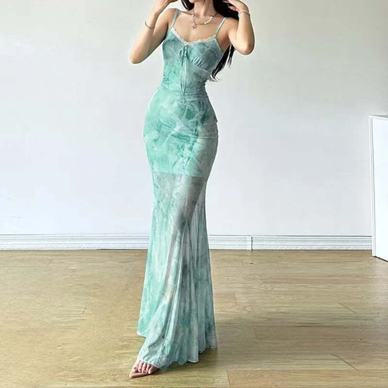 Light Green Butterfly Print Mesh Sling Dress for Women - Summer Seaside Vacation Style, Pure Desire Fishtail Hip Long Skirt thumbnail 3