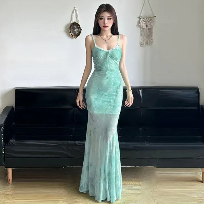 Light Green Butterfly Print Mesh Sling Dress for Women - Summer Seaside Vacation Style, Pure Desire Fishtail Hip Long Skirt thumbnail 6